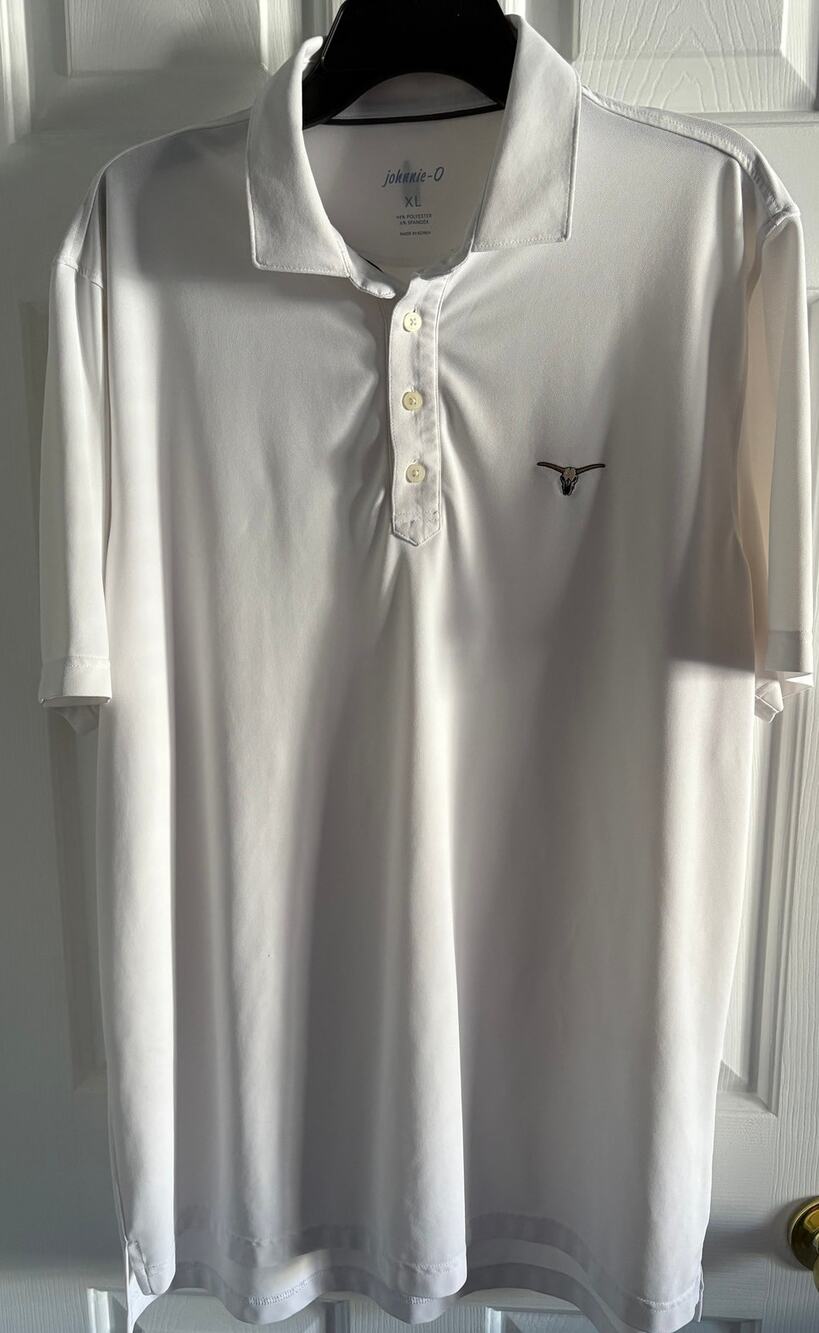 Men's Johnnie-O White Polo Shirt SS Polyester Size XL Longhorn **READ**